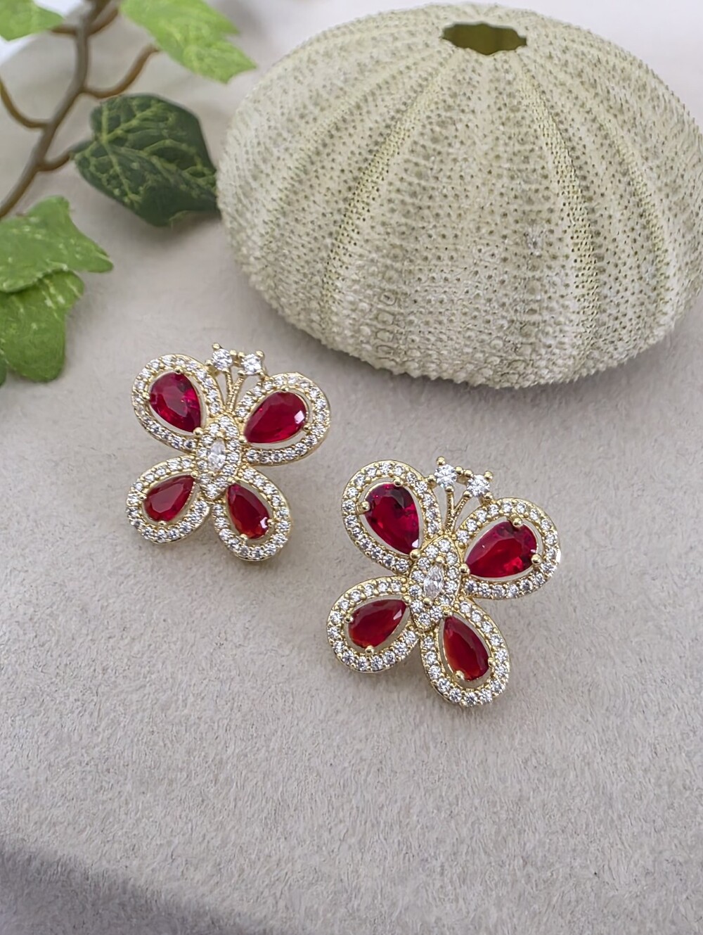 Gold Filled Ruby Butterfly Stud Earrings with CZ Halo